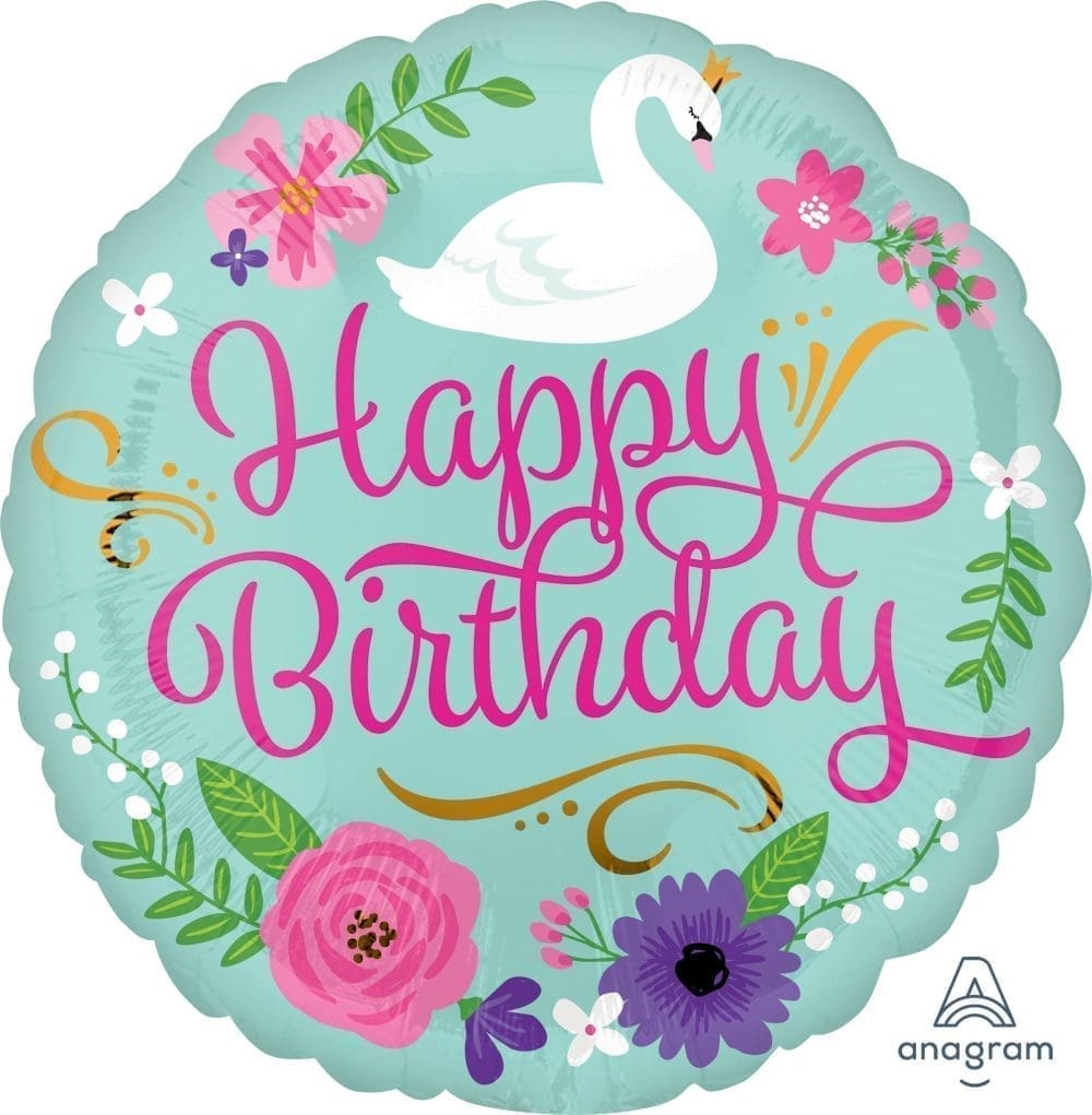 Happy Birthday Foil Balloon - Floral Swan (incl. Helium)